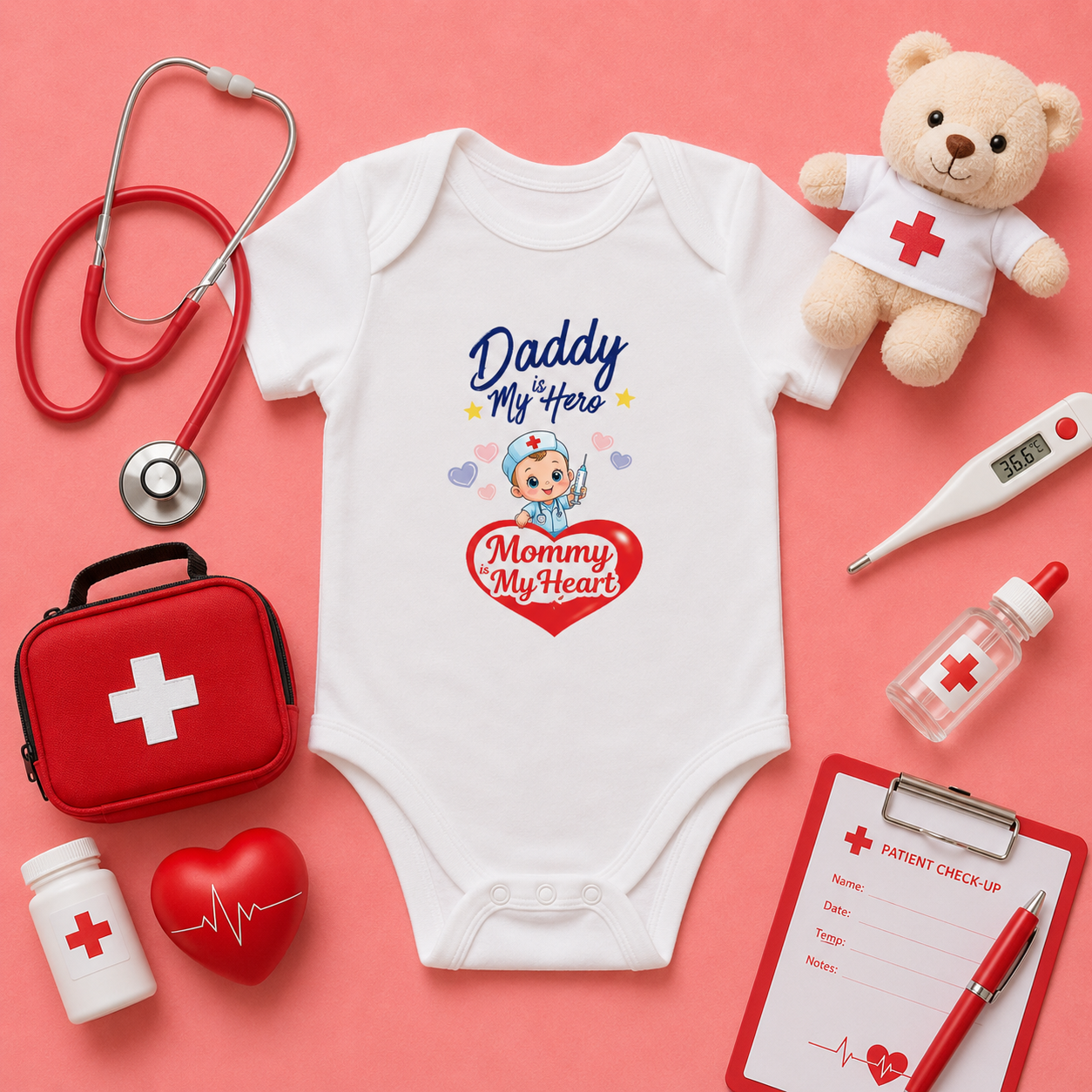 Daddy is My Hero Mommy is My Heart Baby Onesie – Nurse Family Bodysuit, Healthcare Baby Outfit, Cute Infant Gift